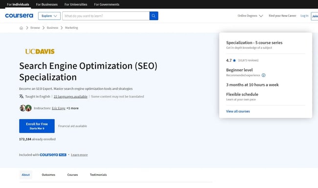 Image of UC Davis’ SEO specialization course