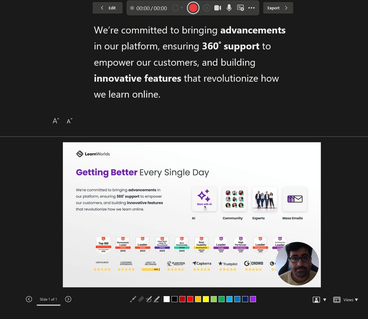 Presenter View on PowerPoint while recording with the slide transition options and transcript.