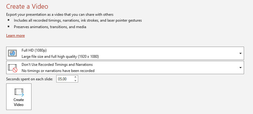 Choosing the settings for video exports in Microsoft PowerPoint.