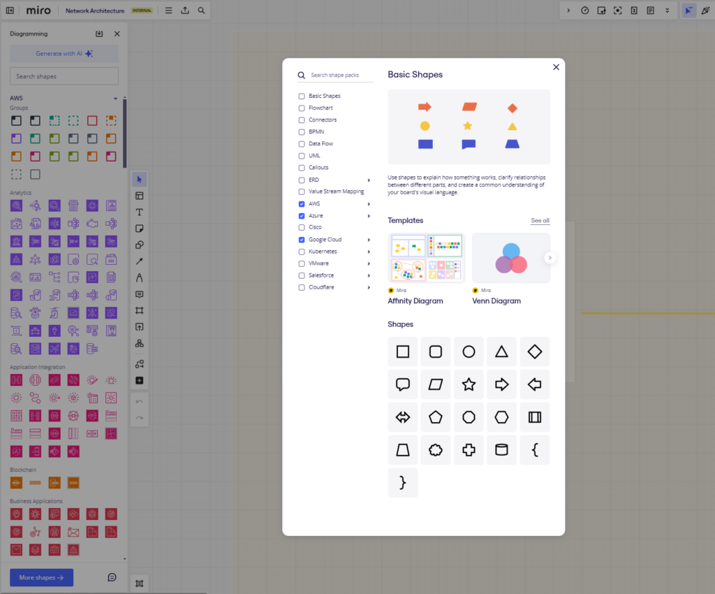 Screenshot of shape packs module in Miro