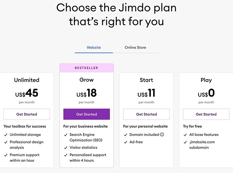 Pricing plan options for Jimdo: Unlimited at $45/month, Grow at $18/month, Start at $11/month, and Play at $0/month, each offering varying features for websites and online stores.