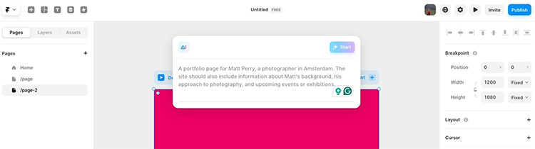 Screenshot of a web design tool displaying a portfolio page layout for a photographer named Matt Perry. The page includes a brief description of Matt's work and suggestions for content.