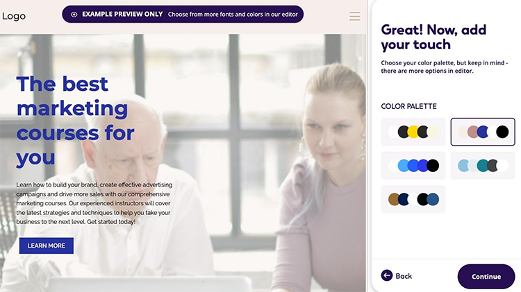 Screenshot of a marketing course website editor interface. The editor displays text, image options, and color palette choices. Two people are visible working on a laptop in the example section.