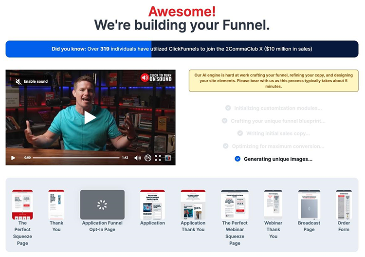 Screenshot of a webpage from a funnel-building software showing a man speaking in a video, alongside progress steps, a statistic about users, and various funnel templates.