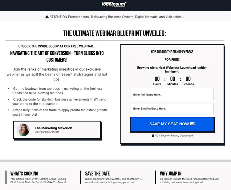 Screenshot of a webpage from a funnel-building software showing a man speaking in a video, alongside progress steps, a statistic about users, and various funnel templates.