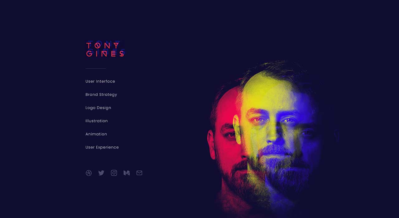 Tony Gines' portfolio uses a dark navy background with three overlapping images of his face on the right and text on the left that lists Tony’s expertise.