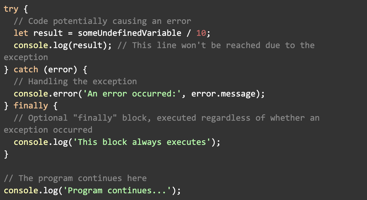 Try-catch block syntax for JavaScript example