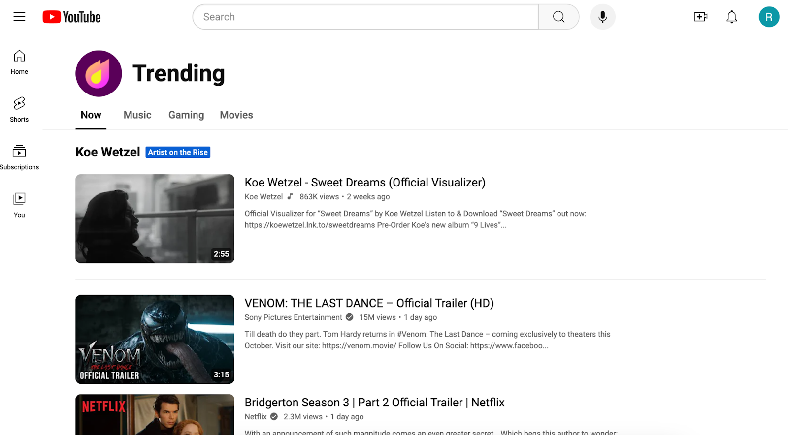 YouTube landing page