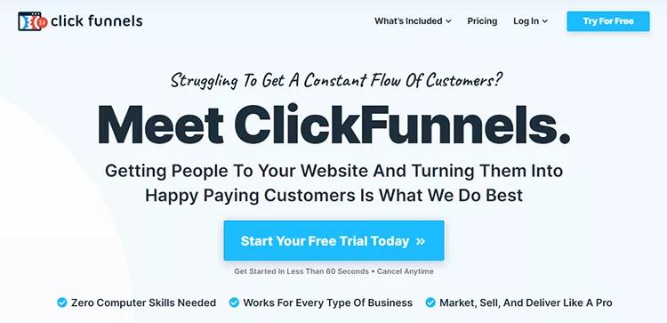 A promotional banner for ClickFunnels, highlighting its service to convert website visitors into paying customers. It offers a free trial with no coding skills needed and claims to suit all business types.