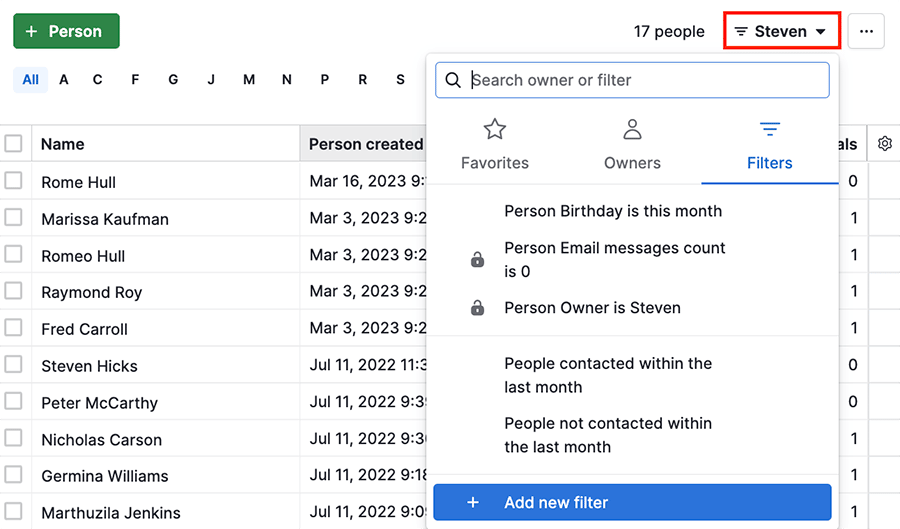 Customer Demographics Pipedrive article contacts filter