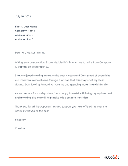 retirement resignation letter sample