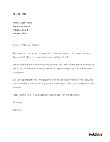 brief resignation letter sample