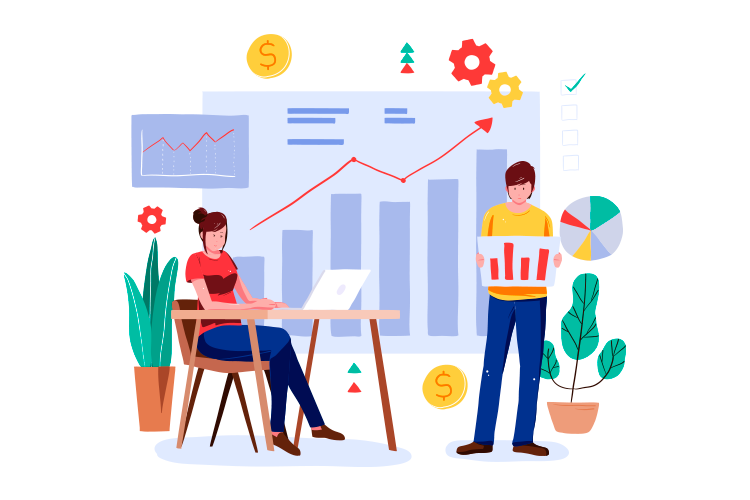 Two people analyzing financial graphs and charts. One person is sitting at a desk with a laptop, and the other is standing holding a bar chart. Various financial symbols and graphs are in the background.