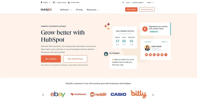 Homepage of HubSpot.