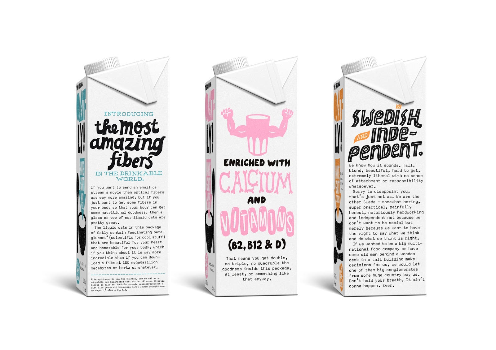 Product packaging showing brand story from Oatly oat milk