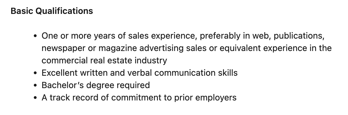 Sales advisor basic qualifications for a position at LoopNet commercial property marketplace.