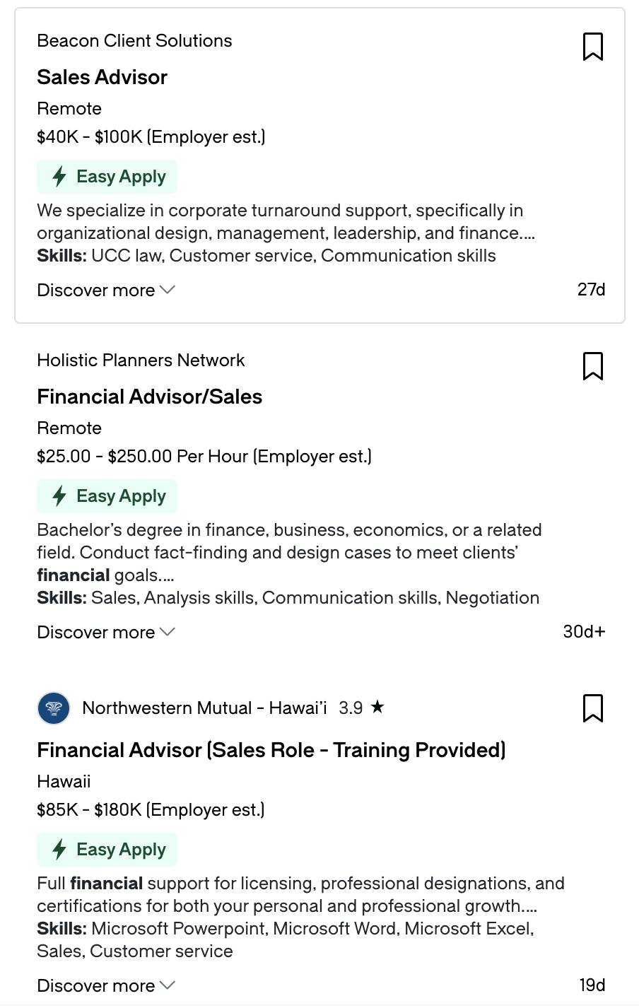 Sales advisor job ads in the financial services industry.