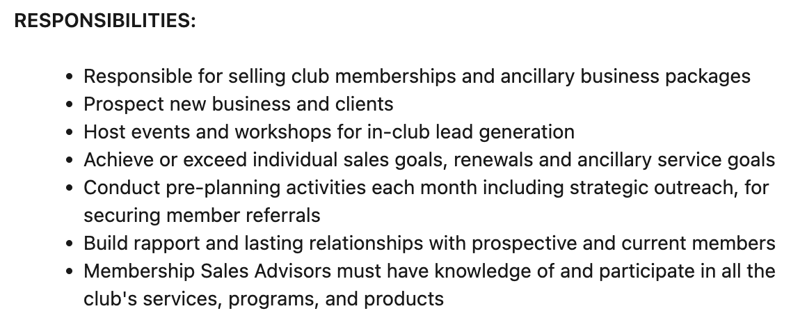 Job ad, explaining sales advisor responsibilities at a luxury fitness company