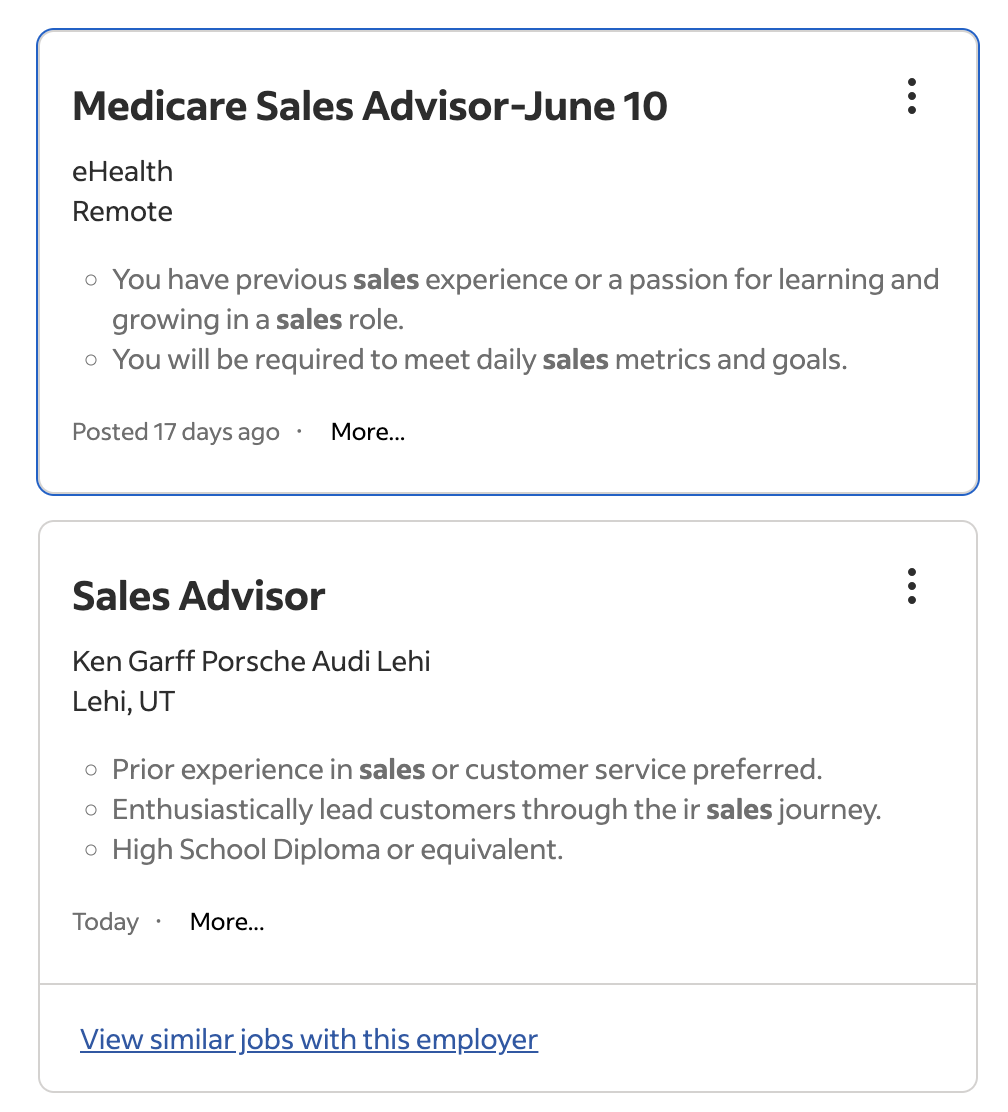 Job ads representing how a sales advisor can have different responsibilities depending on the industry and company.