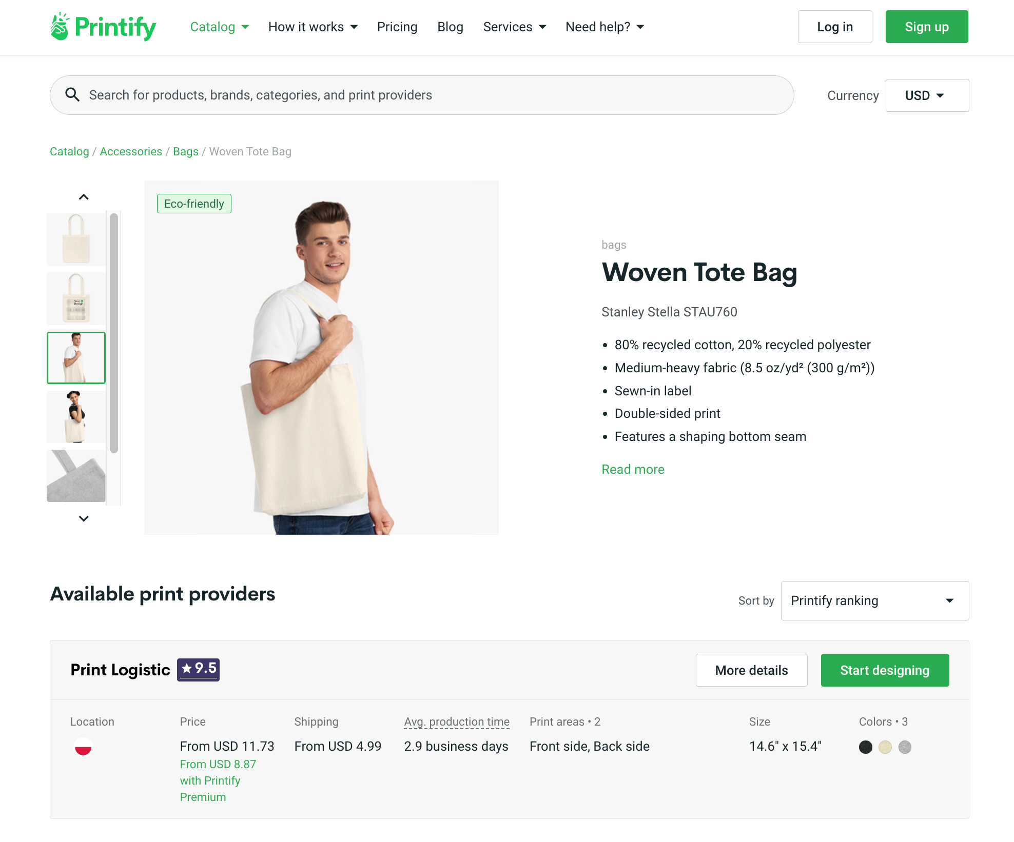 A product page on the printify website