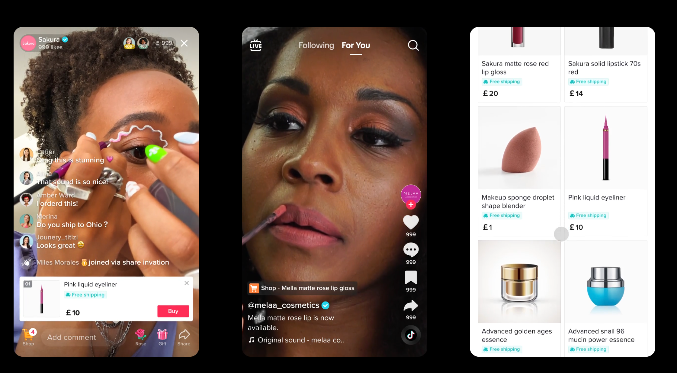 Three panels showing shoppable videos on TikTok mobile