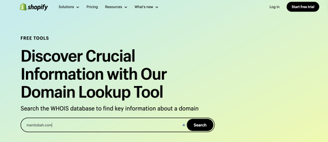Shopify's WHOIS domain history look up tool with a query text box.