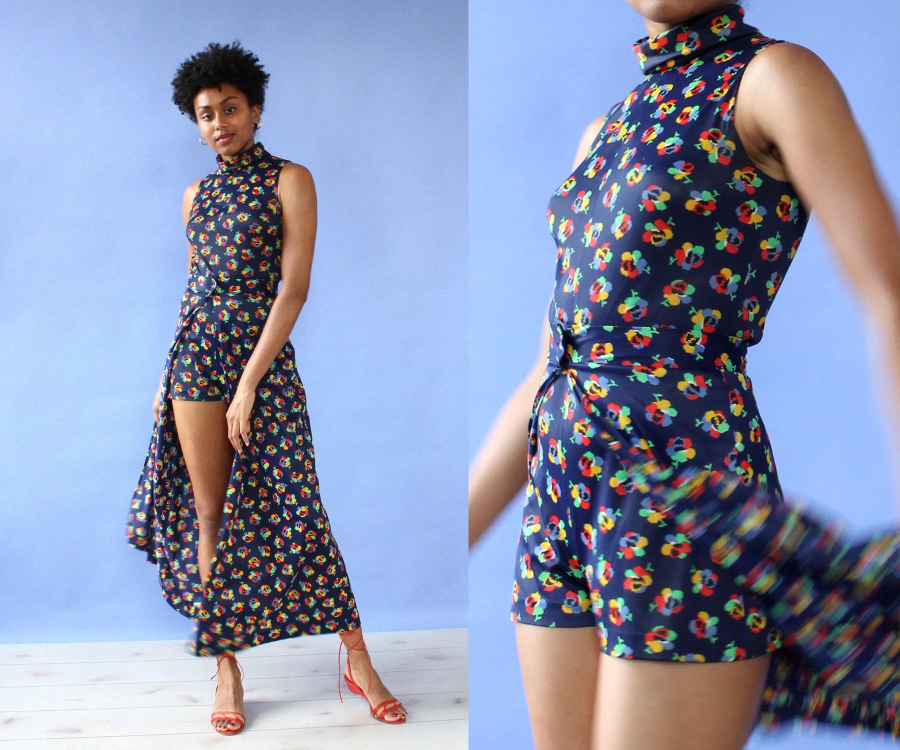 A two pane image of the same model wearing a dress in two different poses