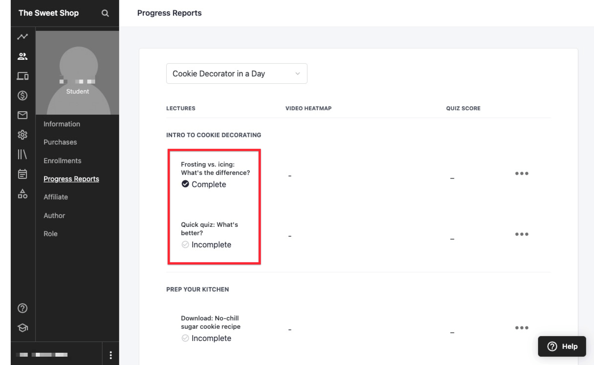 Manually grading a quiz on Teachable, example of a course.