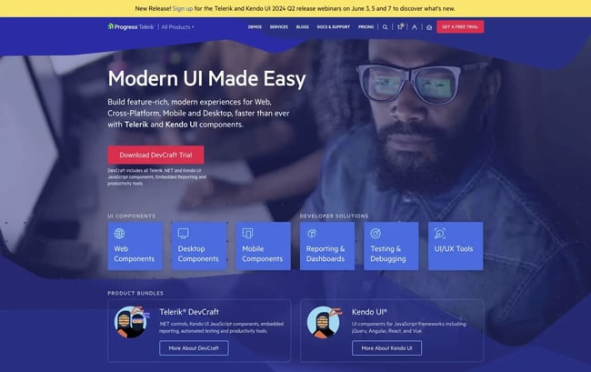 Homepage of Telerik by Progress.