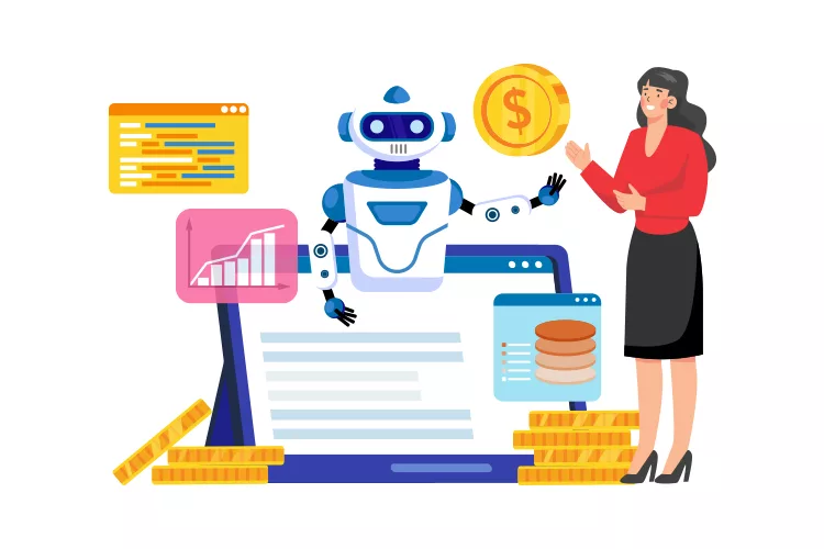 Illustration of a robot and a woman interacting with financial data, coin stacks, and a dollar coin, with charts and a laptop, symbolizing financial technology and automation.