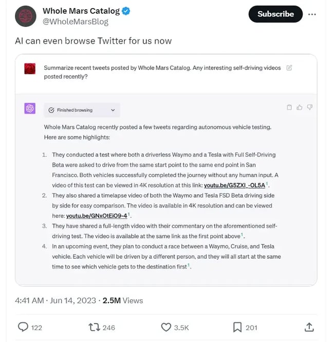 User’s post about AI browsing Twitter