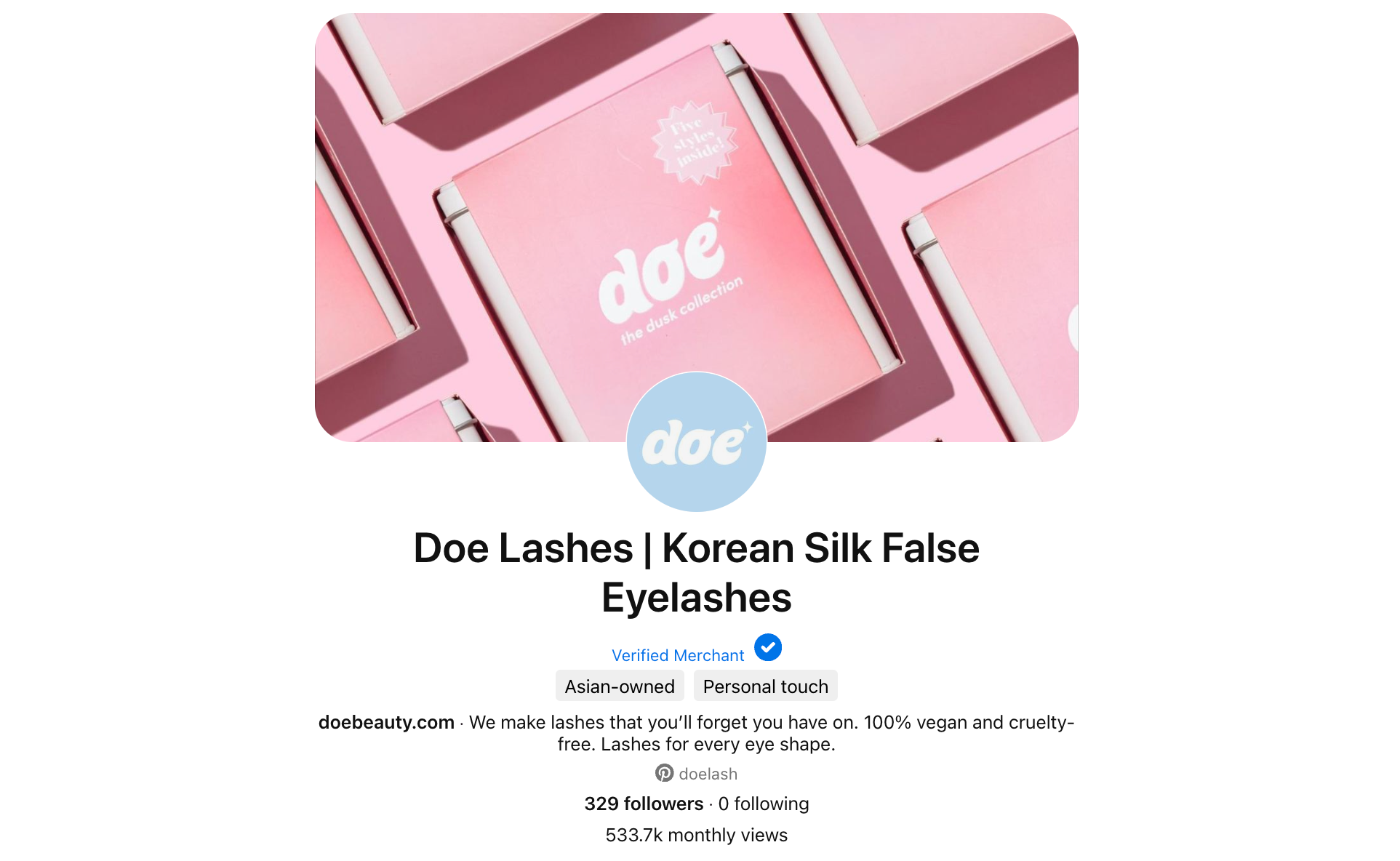 Pinterest profile page for brand Doe Lashes