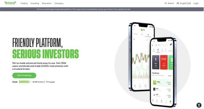 Homepage of eToro.