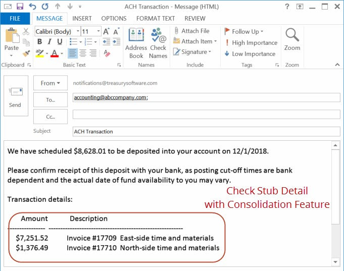 Example of an email remittance advice