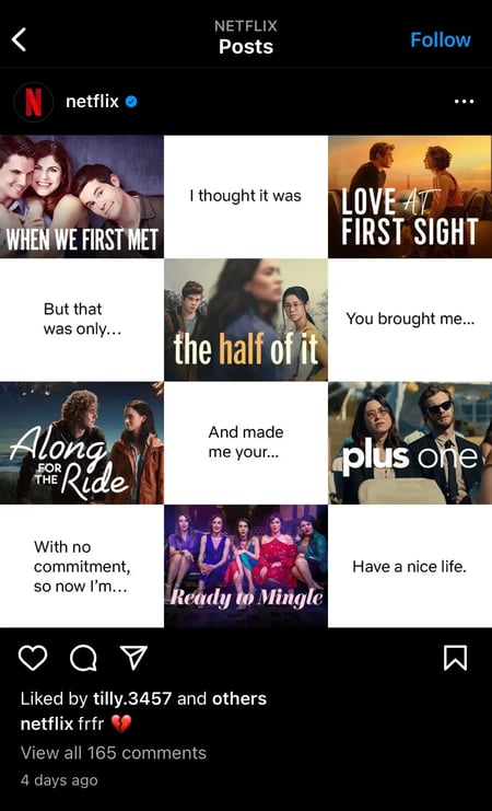 Netflix uses simple Instagram post captions so your attention is drawn to their images instead.