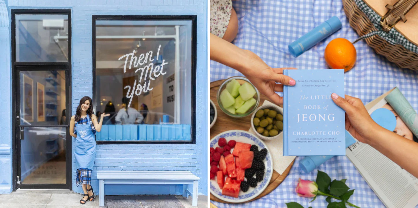 Two panels: Then I Met You founder Charlotte Cho in front of her store on the left. A book by Charlotte on the right