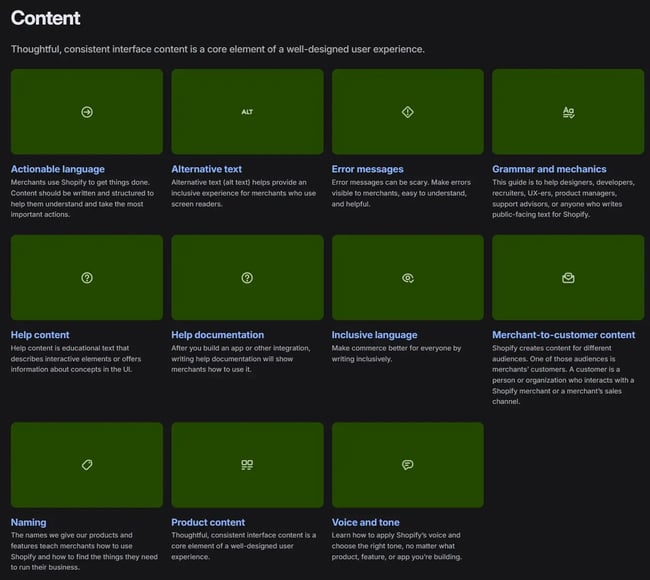 Shopify’s content style guide starts by discussing voice and tone