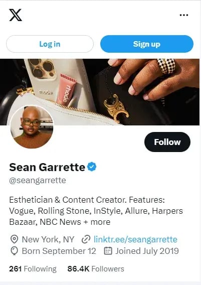 Sean Garrette’s Twitter bio with a Linktree URL.