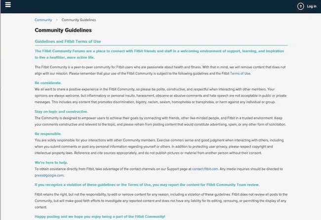 Community guidelines example from Fitbit. 