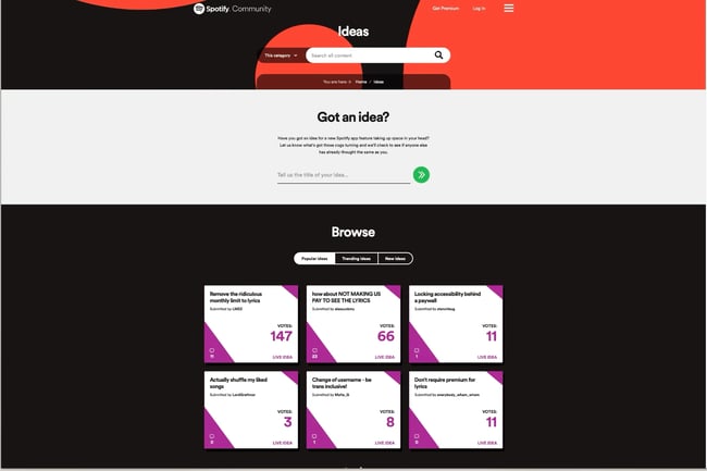 Spotify Ideas community homepage.