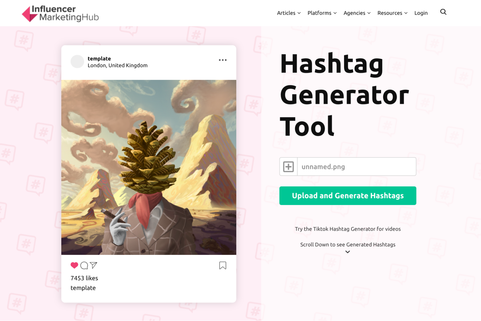 Influencer Marketing Hub's hashtag generator along with a sample image that it analyzes.