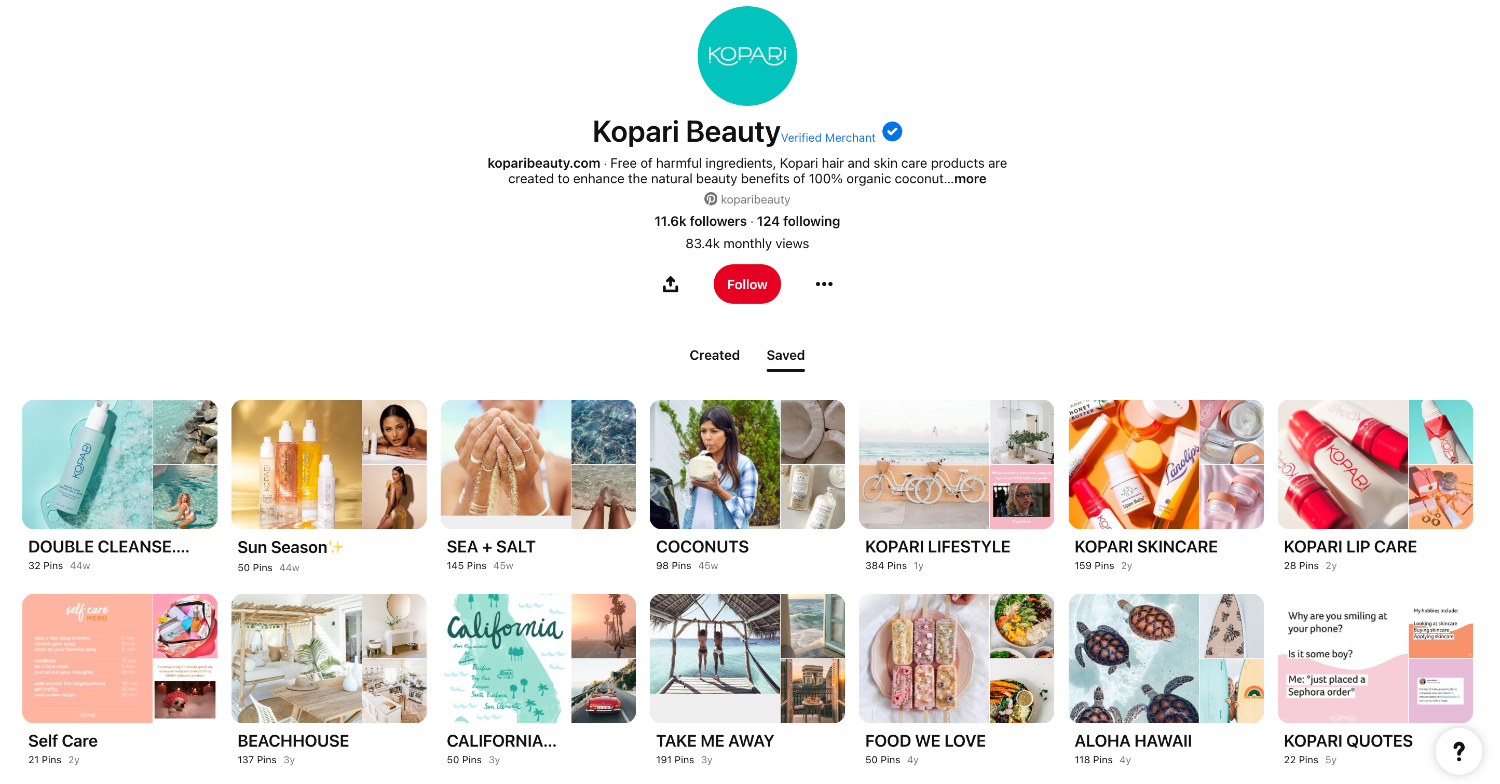 Pinterest profile page for brand Kopari