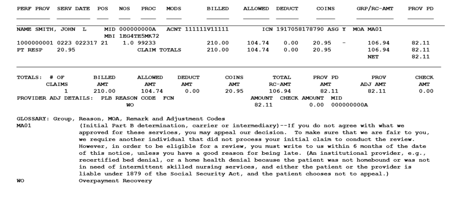 Example of a paper remittance advice