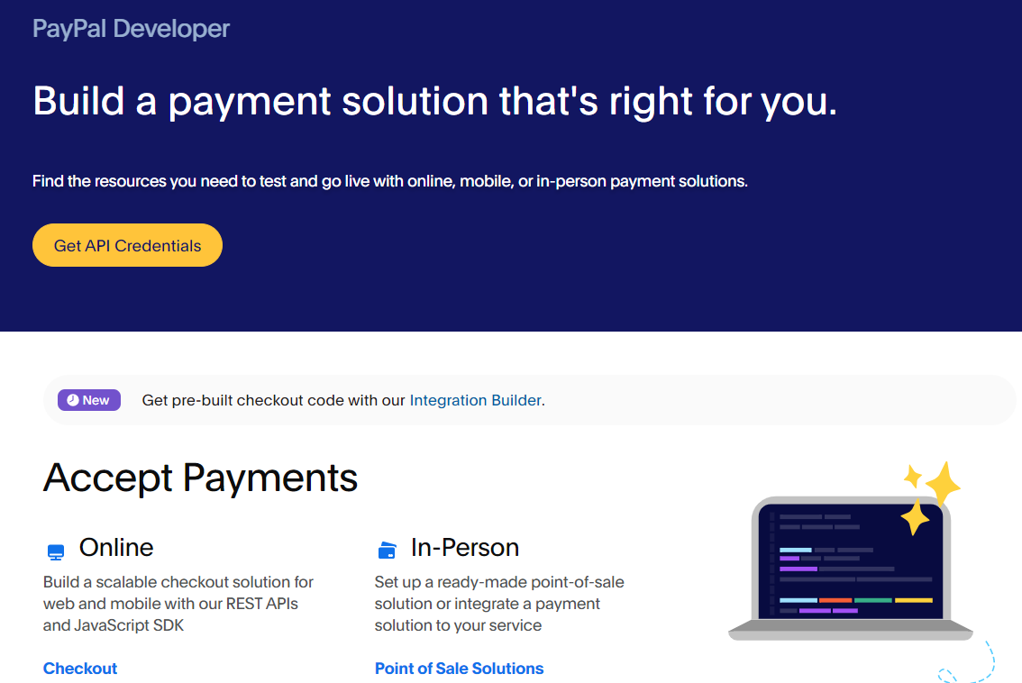 paypal developers homepage with tagline