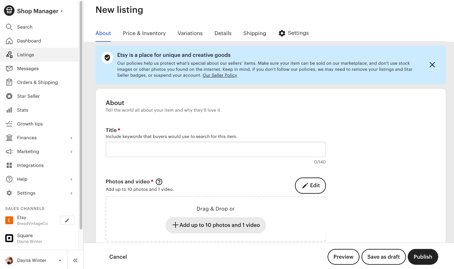 Etsy user interface showing listing creation flow