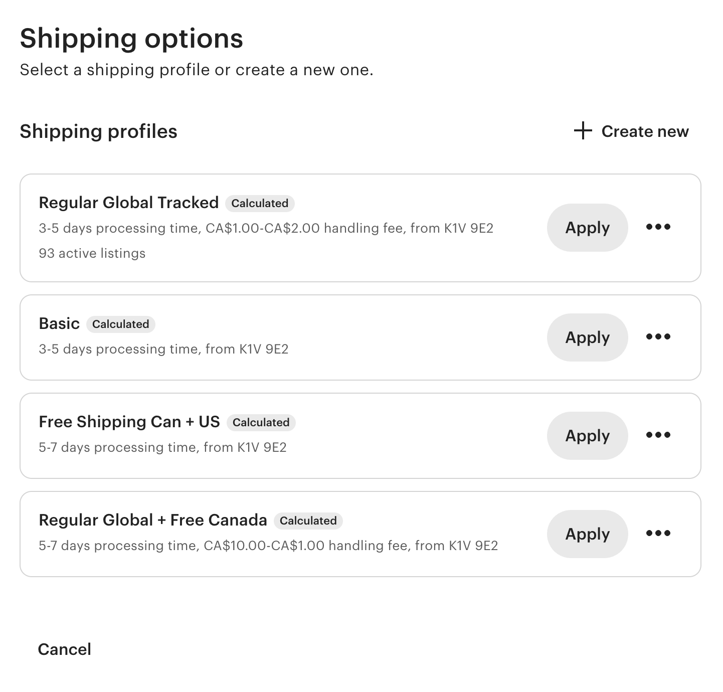 Etsy listing creation shipping section