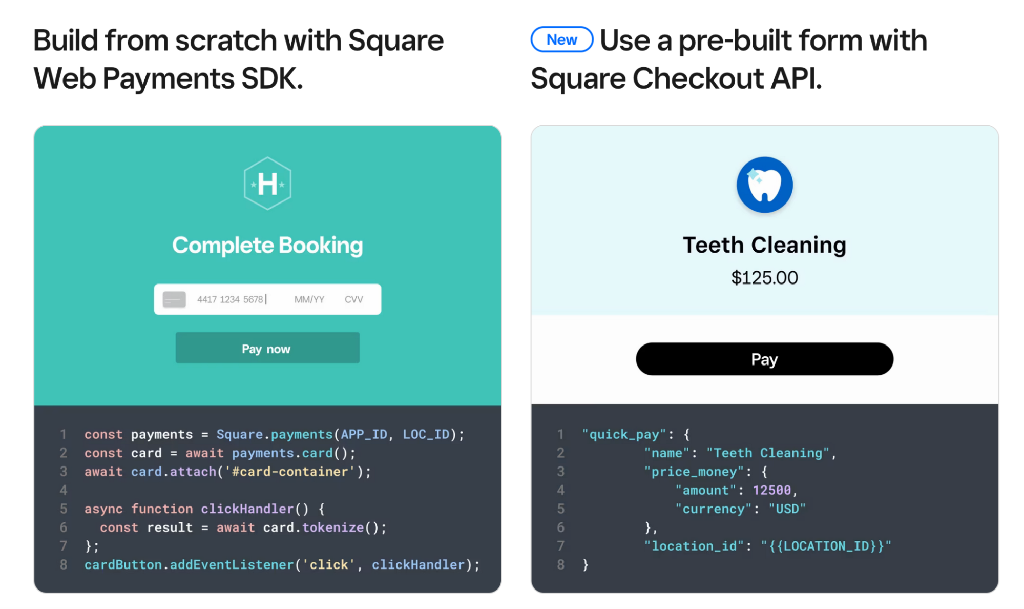 square's developer payment API landing page