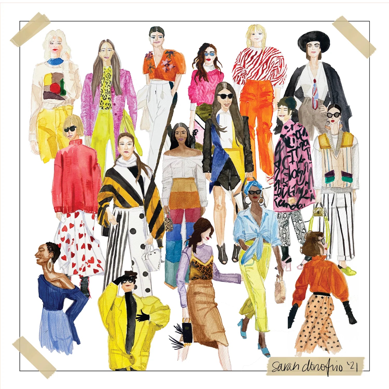 A collage of fashion illustrations in watercolor