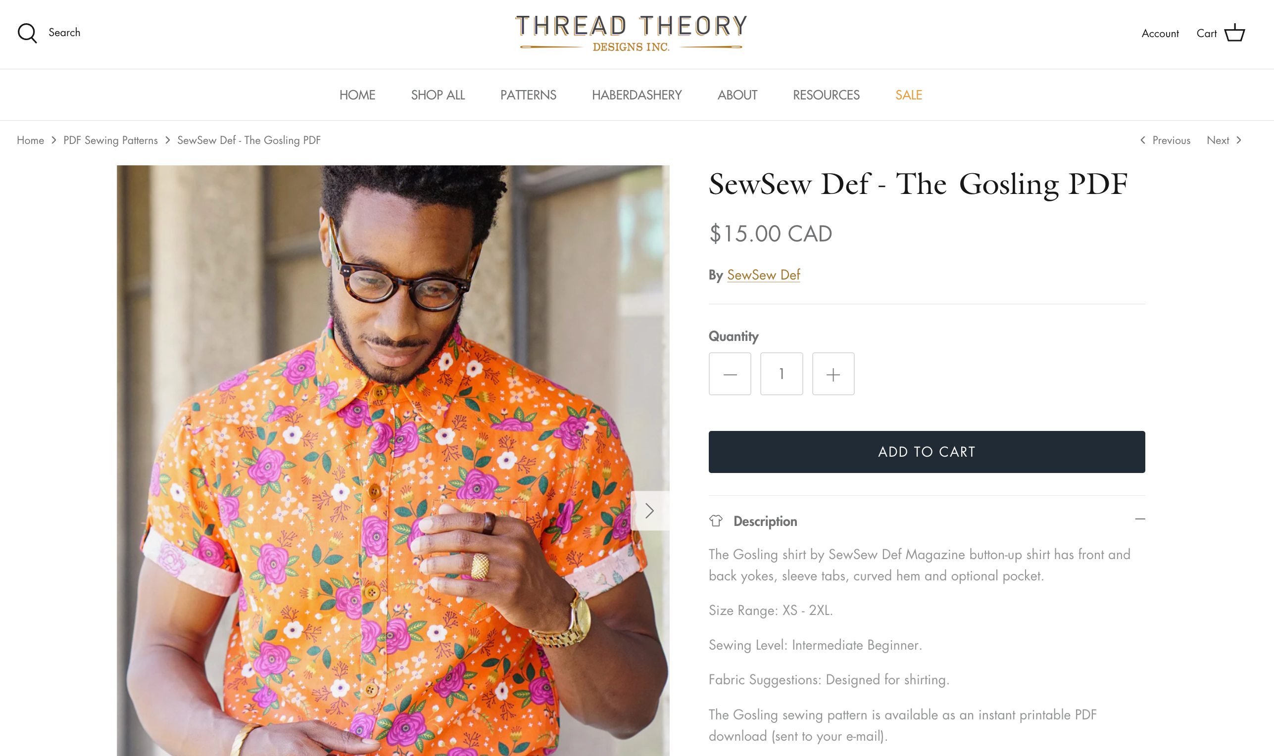 Webpage from the ecommerce site of Thread Theory