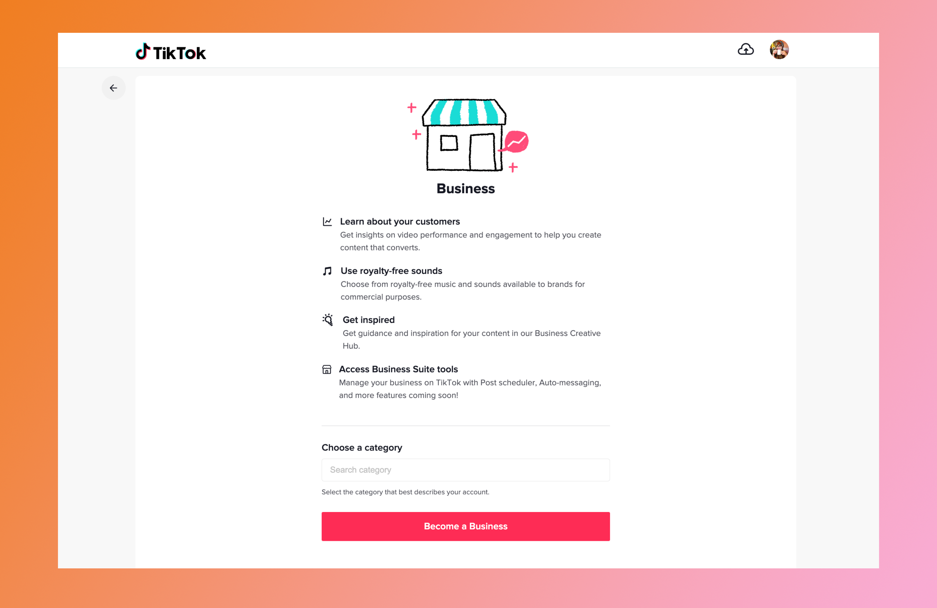 TikTok interface showing the business account sign up page